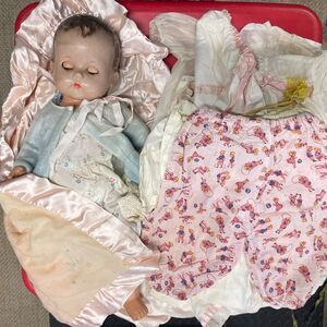 Vintage Antique Composition Sleepy Eyes Doll With Blankets And Clothing Lot